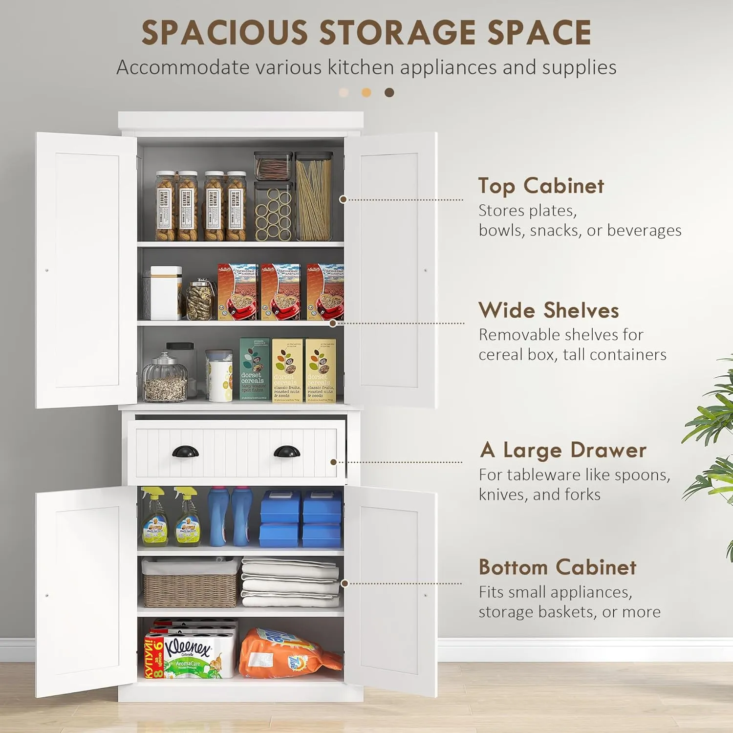 HOMCOM 72" Traditional Kitchen Pantry Cabinet, Freestanding Tall Storage Cabinet with 4 Doors, Drawer and 3 Adjustable Shelves for Dining Room, White