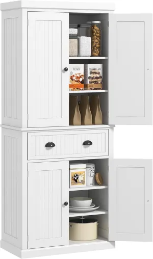 HOMCOM 72" Traditional Kitchen Pantry Cabinet, Freestanding Tall Storage Cabinet with 4 Doors, Drawer and 3 Adjustable Shelves for Dining Room, White