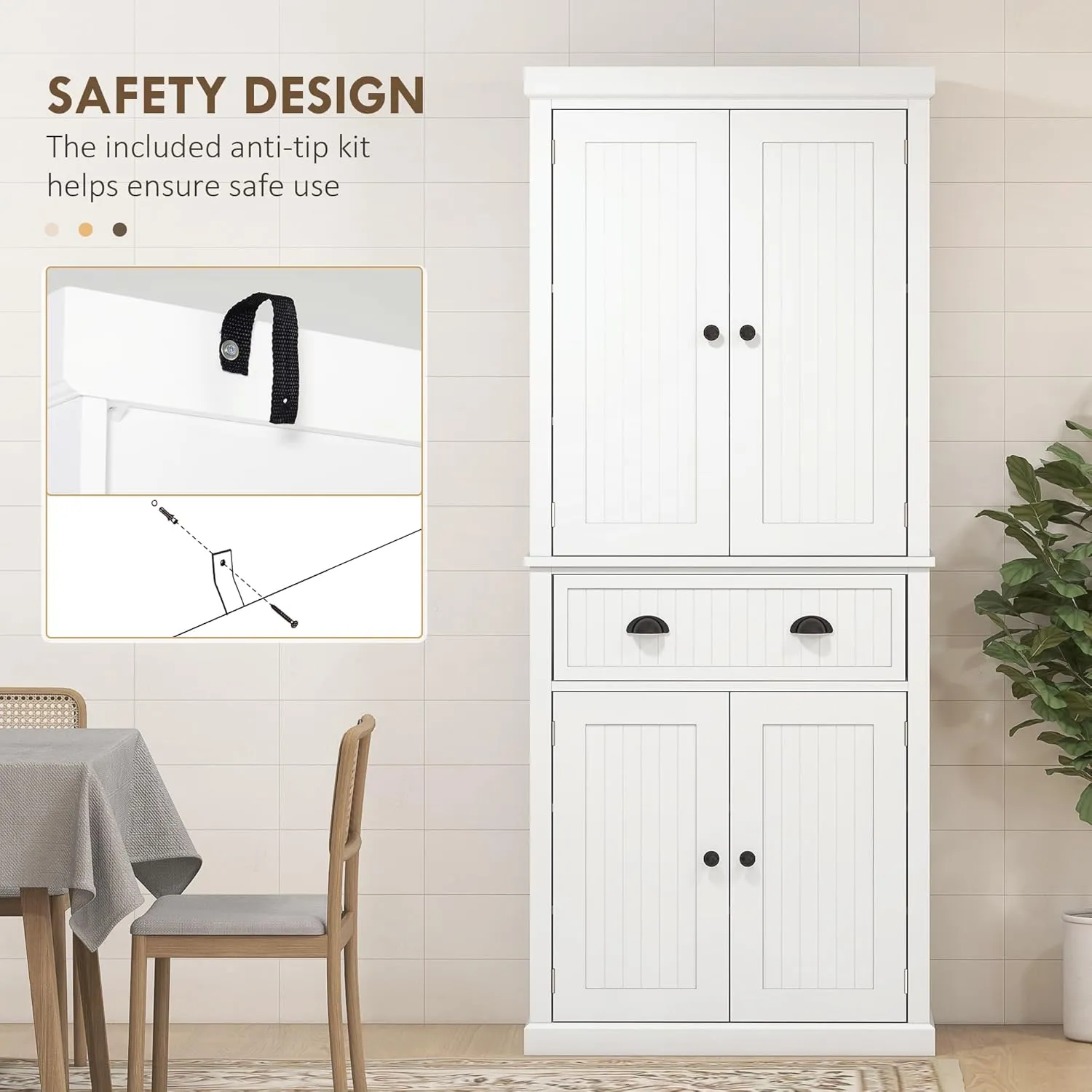 HOMCOM 72" Traditional Kitchen Pantry Cabinet, Freestanding Tall Storage Cabinet with 4 Doors, Drawer and 3 Adjustable Shelves for Dining Room, White