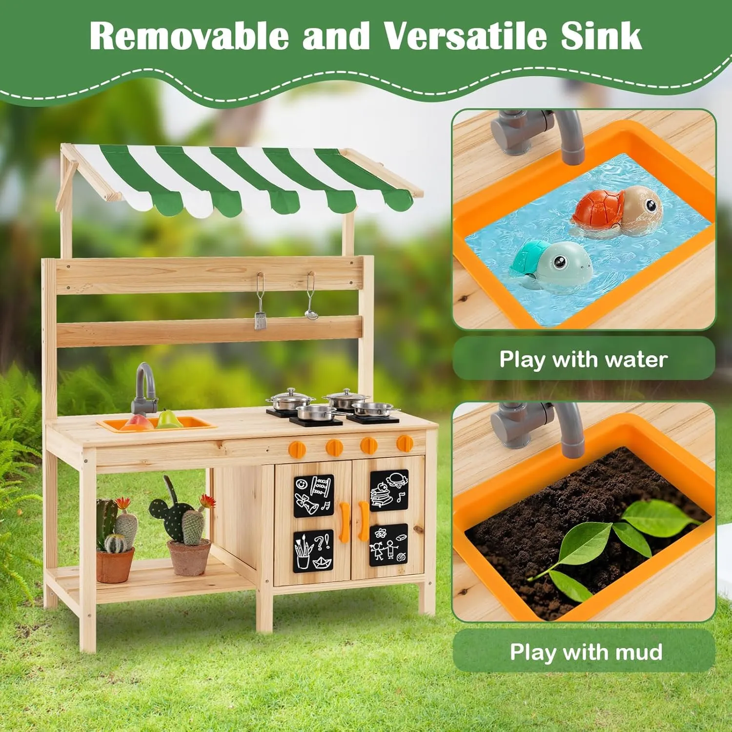 HONEY JOY Mud Kitchen with Canopy, Fir Wood Outdoor Play Kitchen for Toddlers, Faucet & Sink, Blackboard, Cookware, Storage, Mud Table, Mud Kitchen for Kids Outdoors Backyard, Natural (Green Canopy)