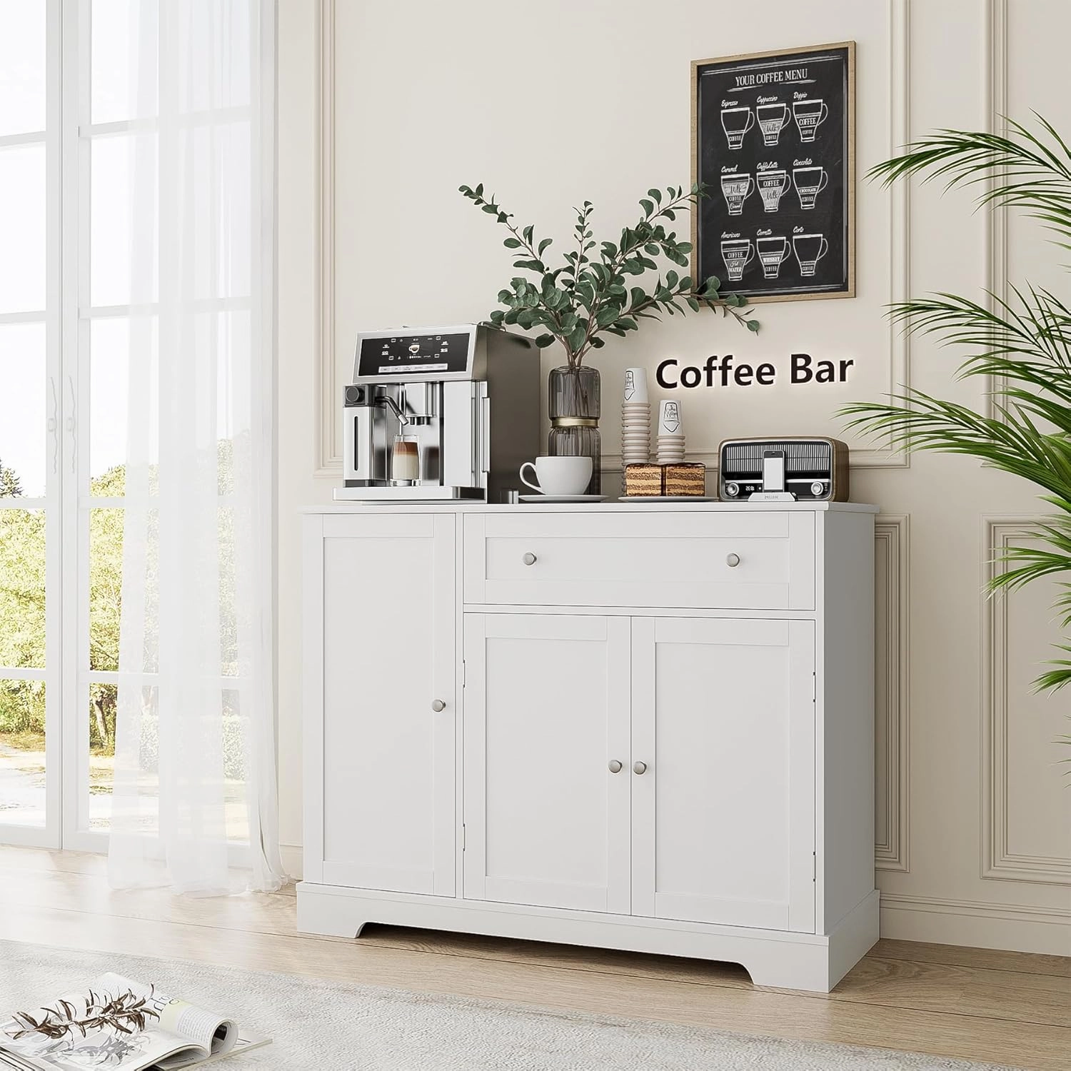 HOSTACK Buffet Cabinet with Storage, Modern Sideboard Buffet with Doors, Wood Coffee Bar Kitchen Storage Cabinet with Drawer and Adjustable Shelf for Kitchen, Dining Room, Living Room, White