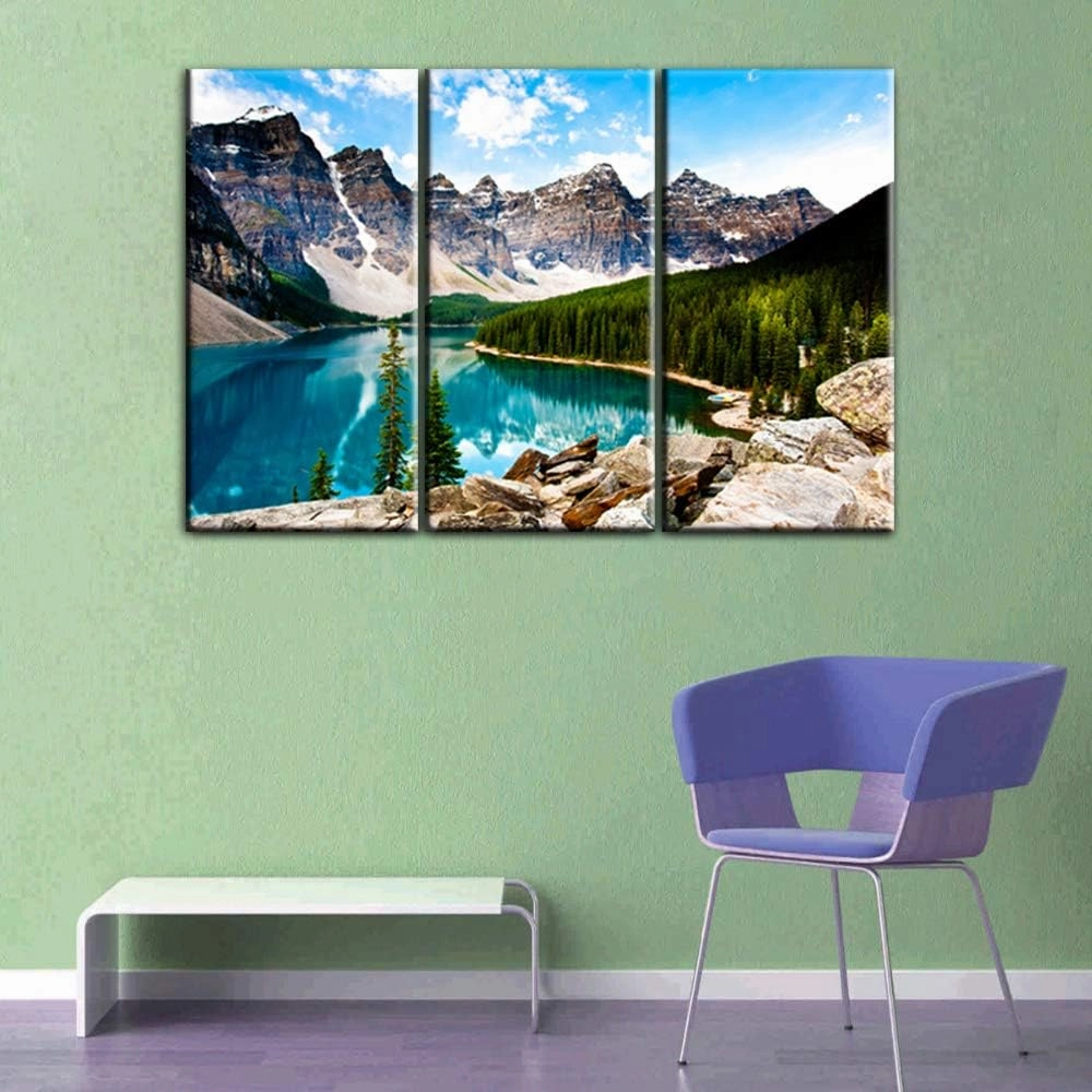 House Decorations Living Room Moraine Lake Pictures Landscape Paintings on Canvas3 Piece Canvas Wall Art Modern Artwork Home Decor Giclee Framed Gallery-Wrapped Stretched Ready to Hang(24''x36'')