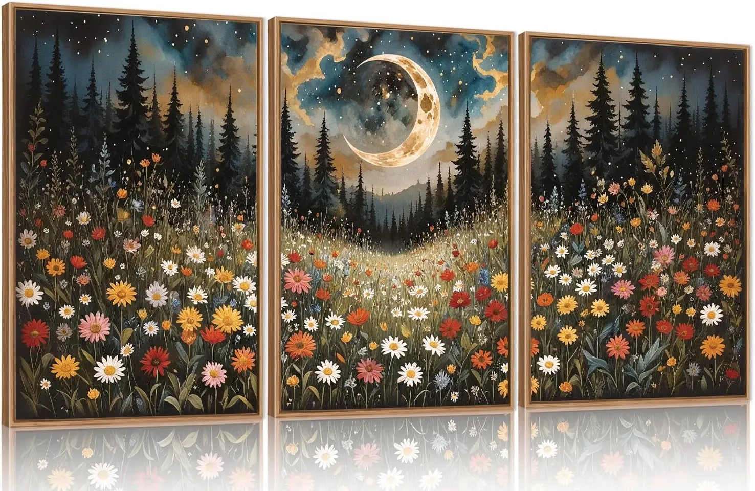 HPINUB Wildflower Moon Pine Tree Framed Canvas Wall Art Set,Nature Forest Wall Decor,Mystical Starry Night Artwork Rustic Mountain Landscape Art Print for Living Room,Bedroom,Office-24 x36 x3