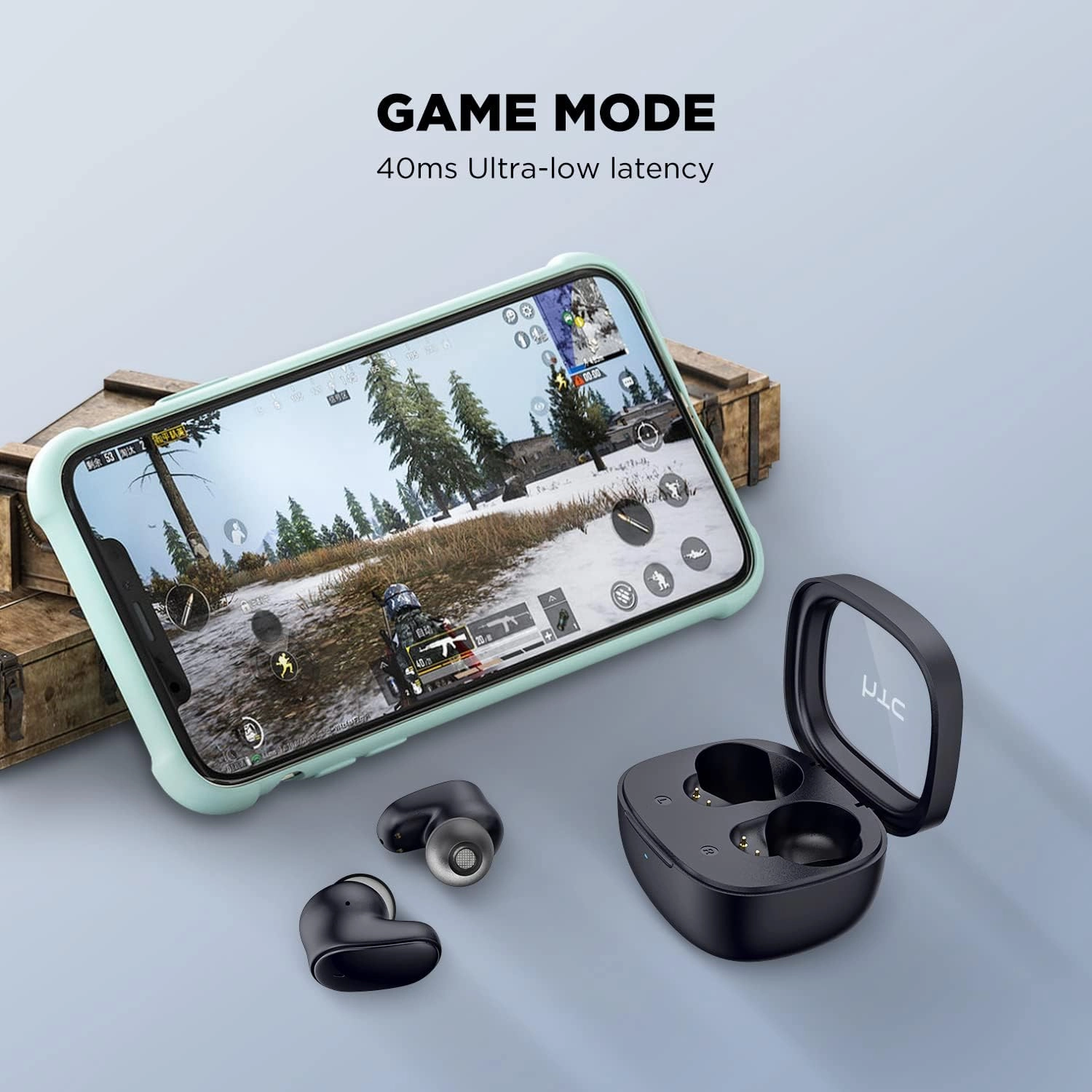 HTC True Wireless Bluetooth Earbuds 9 Bluetooth 5.3, in-Ear Earphones Transparent Case Design with Wireless Charging Fuction, 24Hour Playtime/Game Modes/Built-in Mic/Touch Control -Black