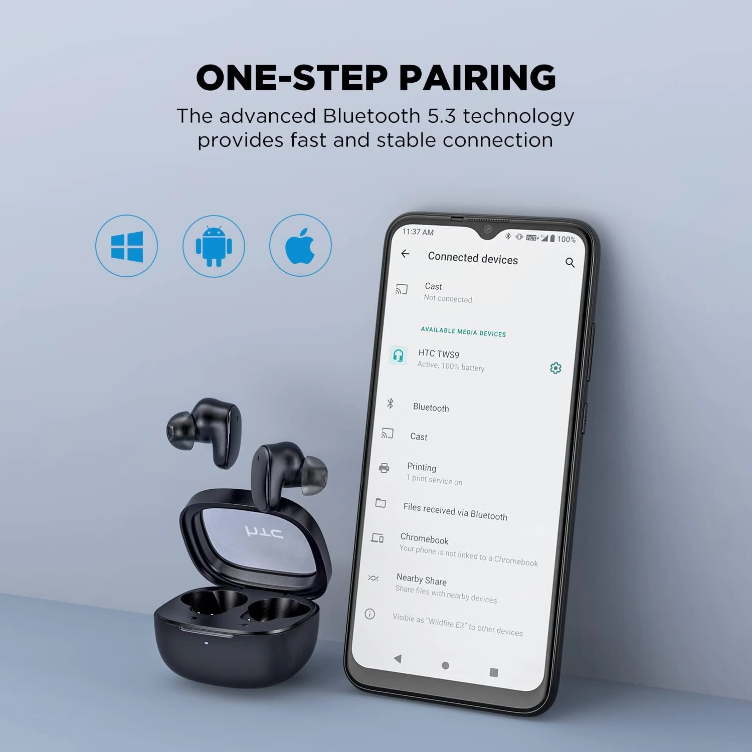 HTC True Wireless Bluetooth Earbuds 9 Bluetooth 5.3, in-Ear Earphones Transparent Case Design with Wireless Charging Fuction, 24Hour Playtime/Game Modes/Built-in Mic/Touch Control -Black