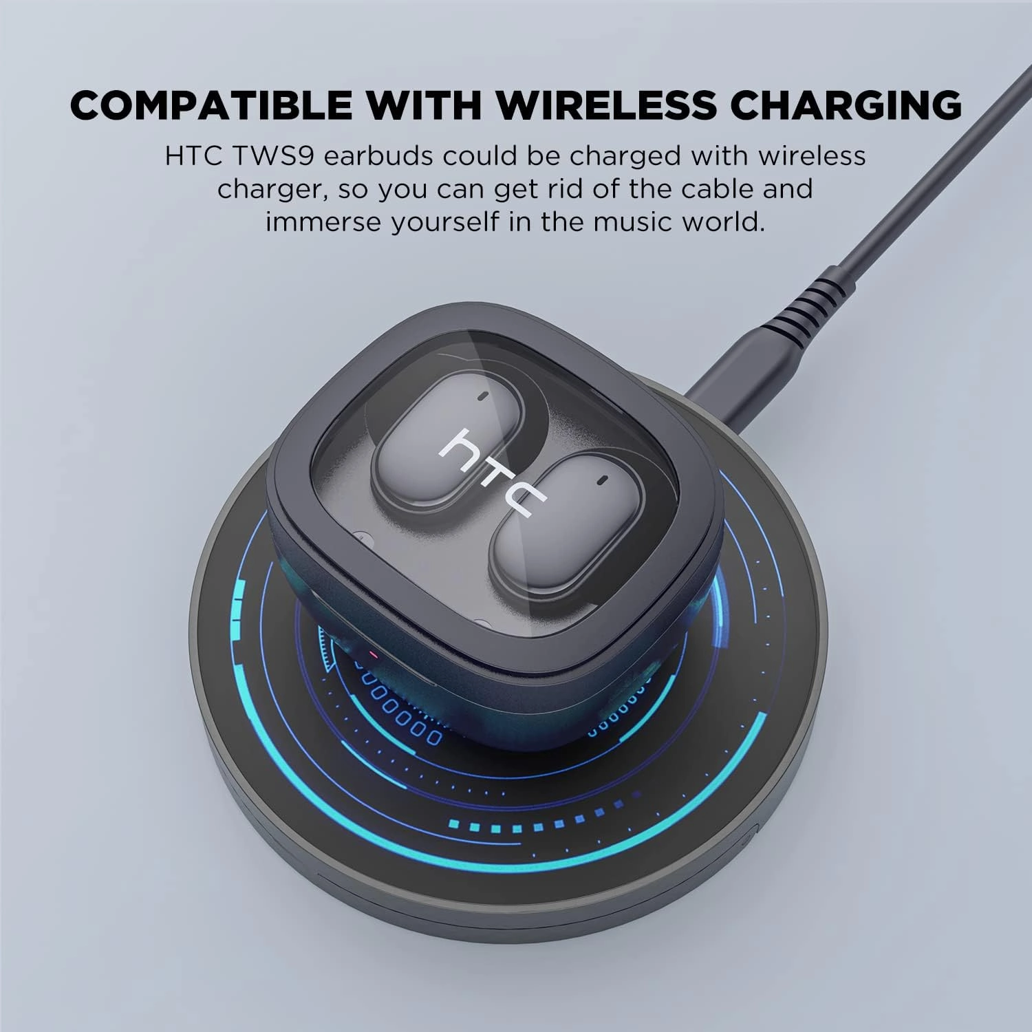 HTC True Wireless Bluetooth Earbuds 9 Bluetooth 5.3, in-Ear Earphones Transparent Case Design with Wireless Charging Fuction, 24Hour Playtime/Game Modes/Built-in Mic/Touch Control -Black