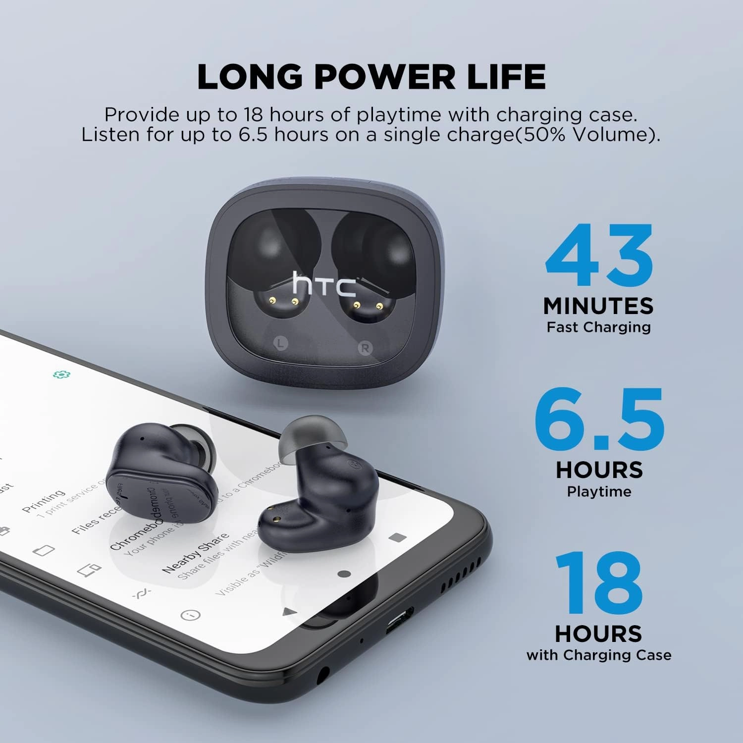 HTC True Wireless Bluetooth Earbuds 9 Bluetooth 5.3, in-Ear Earphones Transparent Case Design with Wireless Charging Fuction, 24Hour Playtime/Game Modes/Built-in Mic/Touch Control -Black