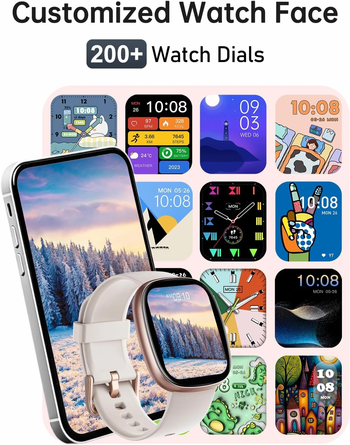 HUAKUA Smart Watches for Women Men (Answer/Make Calls), 1,85" HD Smart Watch for iPhone/Android Phones, Fitness Tracker with 100  Sport Heart Rate/Sleep Monitor Pedometer IP68 Waterproof (Cream)