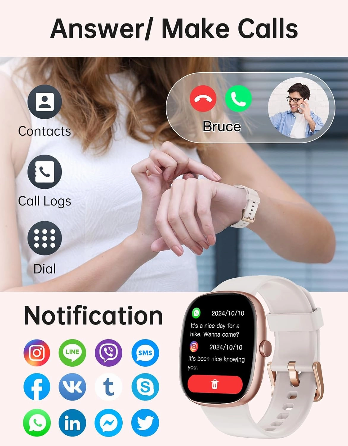 HUAKUA Smart Watches for Women Men (Answer/Make Calls), 1,85" HD Smart Watch for iPhone/Android Phones, Fitness Tracker with 100  Sport Heart Rate/Sleep Monitor Pedometer IP68 Waterproof (Cream)