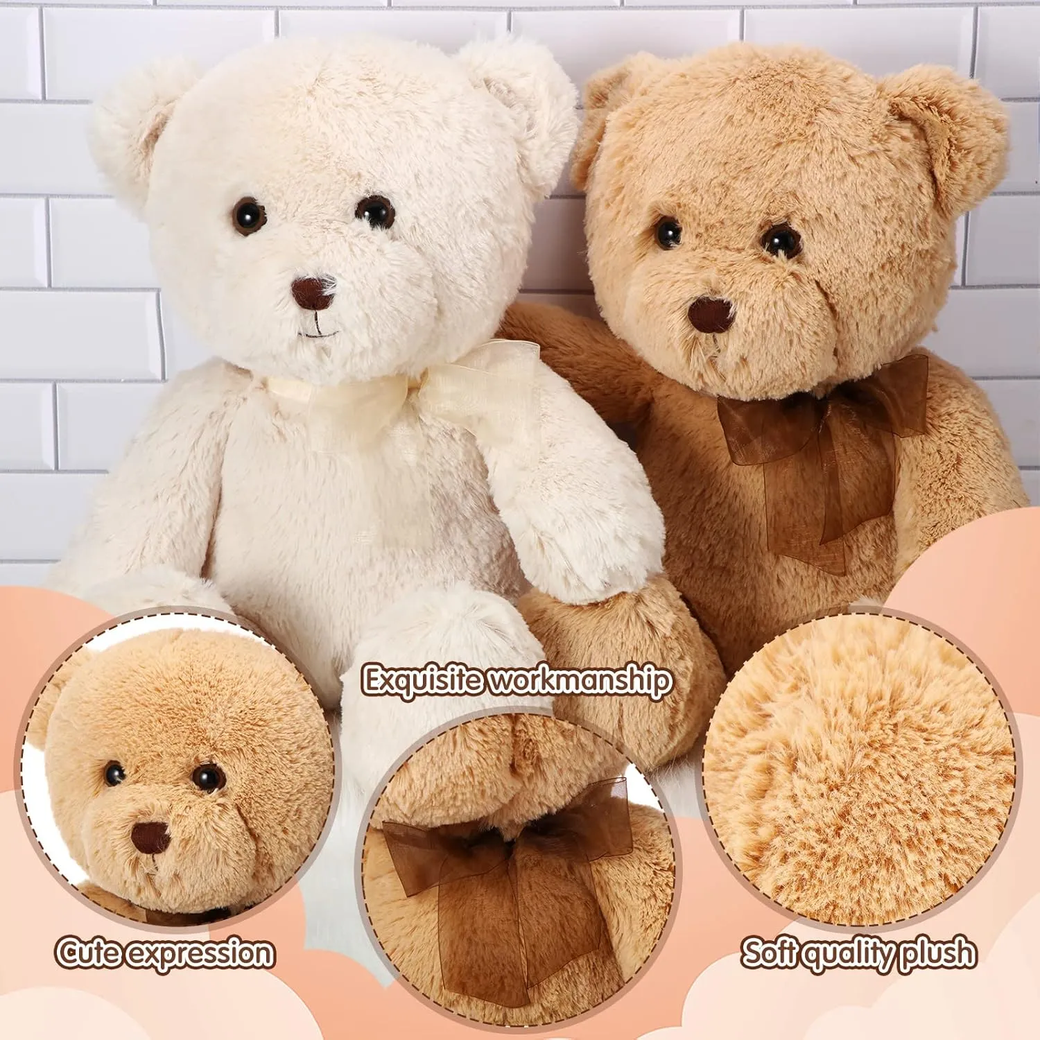 HyDren 2 Pack Plush Bear Stuffed Animals 18 Inch Cuddly Stuffed Bear Plushies with Bow for Birthday Gifts Baby Shower Party Favor Decors(Beige, Light Brown)