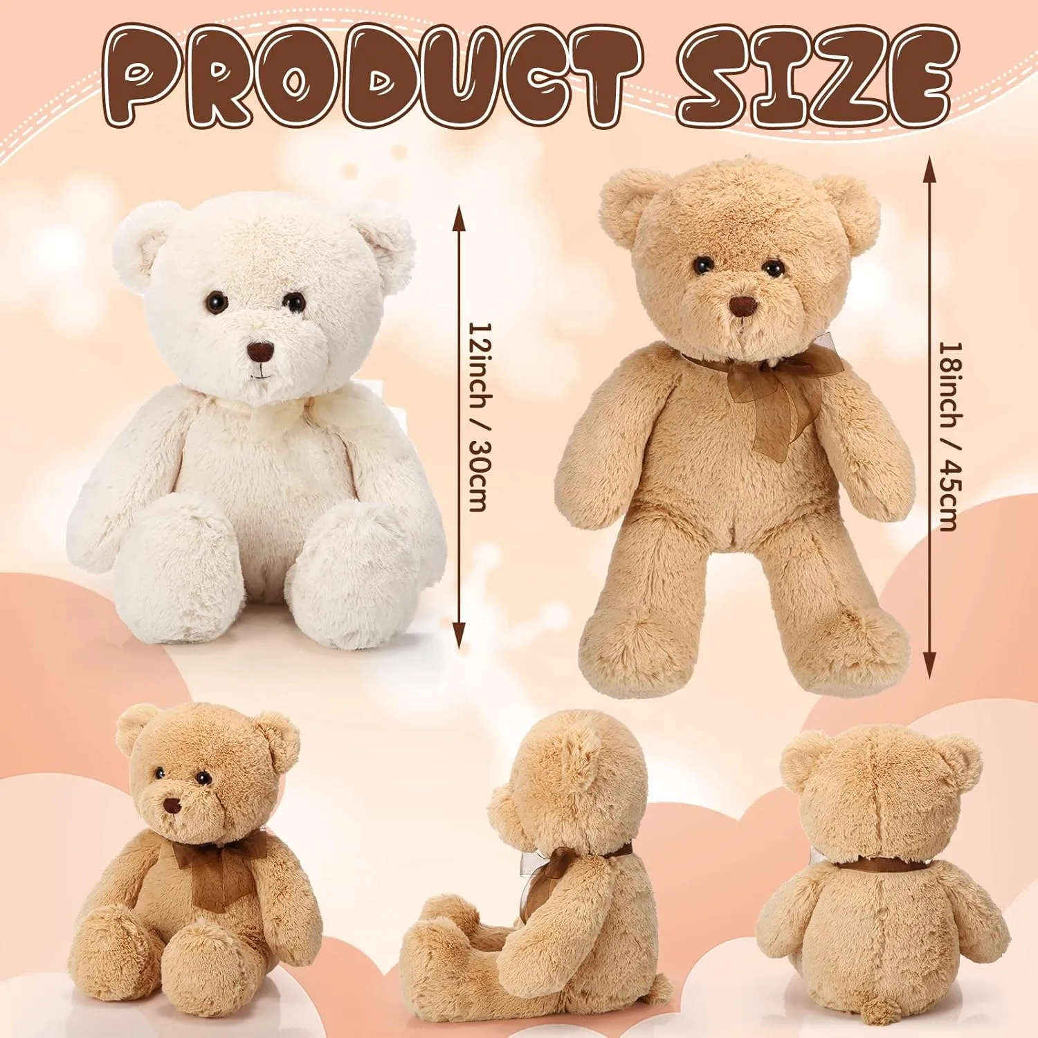 HyDren 2 Pack Plush Bear Stuffed Animals 18 Inch Cuddly Stuffed Bear Plushies with Bow for Birthday Gifts Baby Shower Party Favor Decors(Beige, Light Brown)