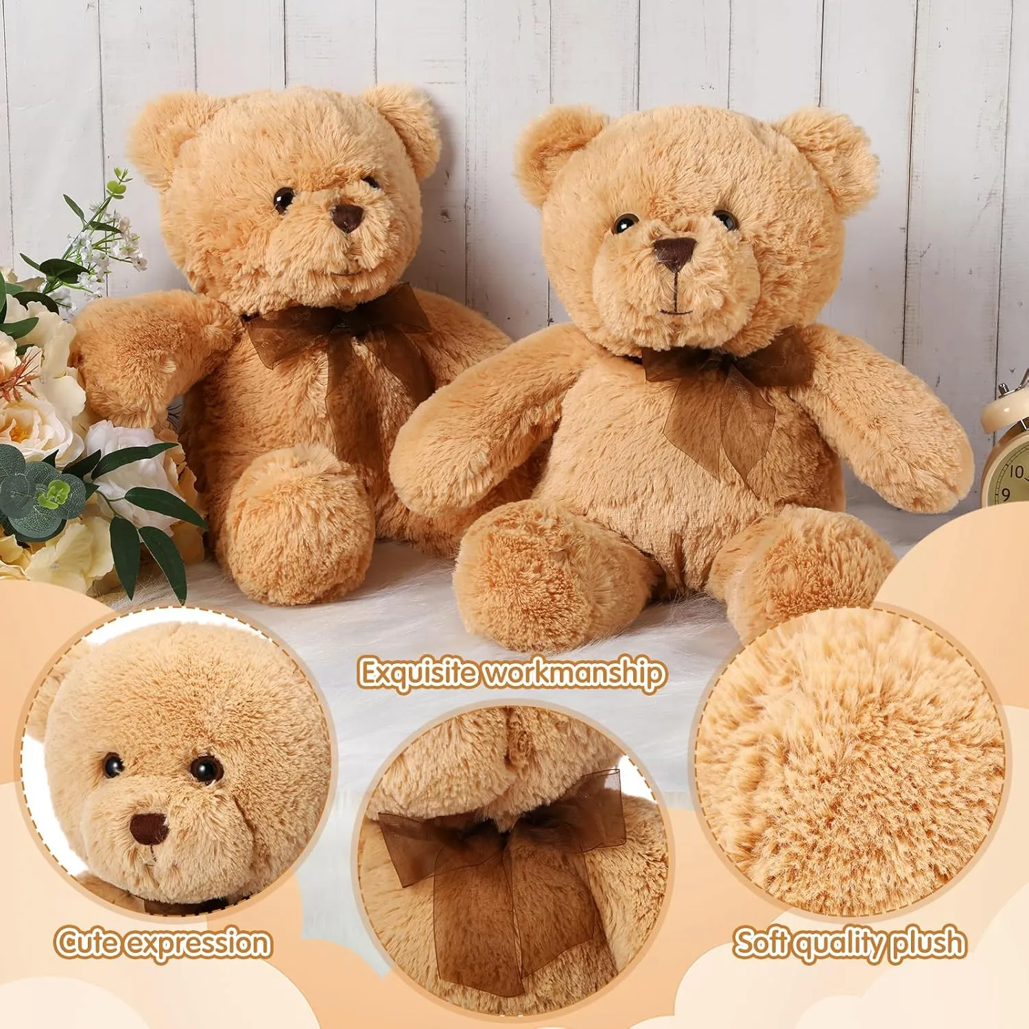 HyDren 2 Pack Plush Bear Stuffed Animals 18 Inch Cuddly Stuffed Bear Plushies with Bow for Birthday Gifts Baby Shower Party Favor Decors(Light Brown)