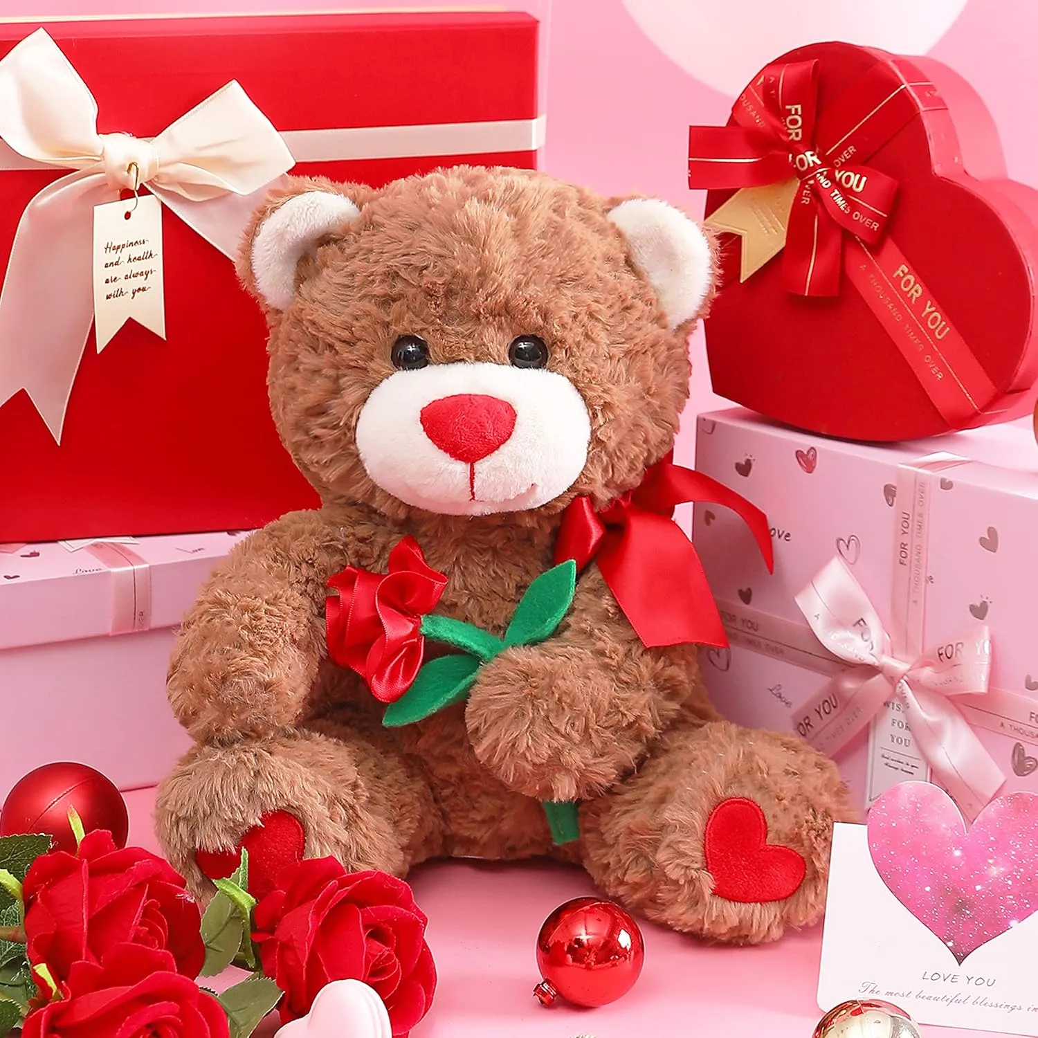 IKASA Bear Stuffed Animal Love Plush Toy with Bow for Valentine,Cute 10.6" Soft Plushie Small Toy,Gifts for Girlfriend (Bear)