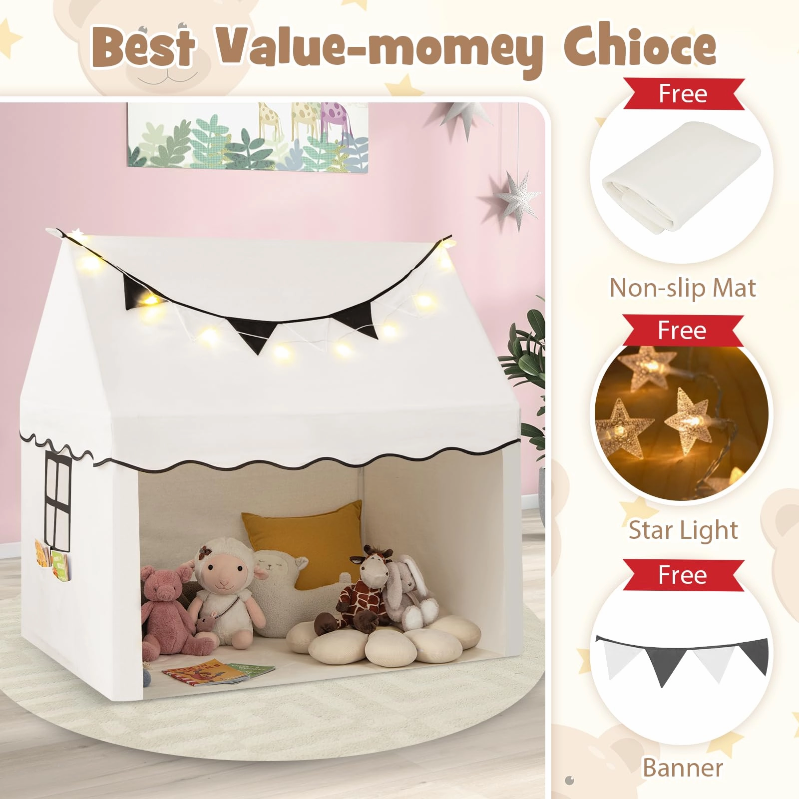 INFANS Kids Play Tent with Washable Mat Star Light Windows, Anti-Trip Large Playhouse Toys, Indoor Outdoor Princess Tents Castle