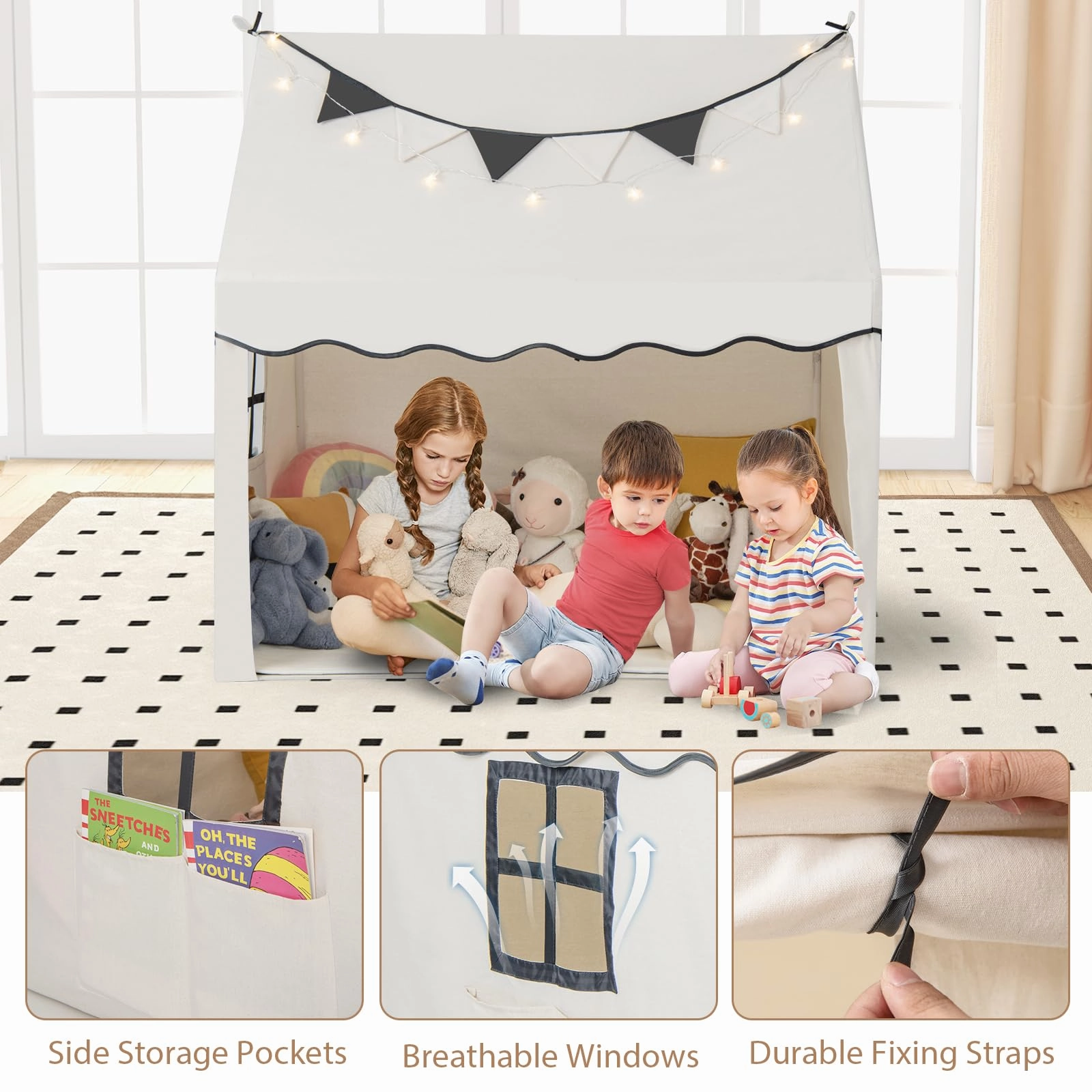 INFANS Kids Play Tent with Washable Mat Star Light Windows, Anti-Trip Large Playhouse Toys, Indoor Outdoor Princess Tents Castle
