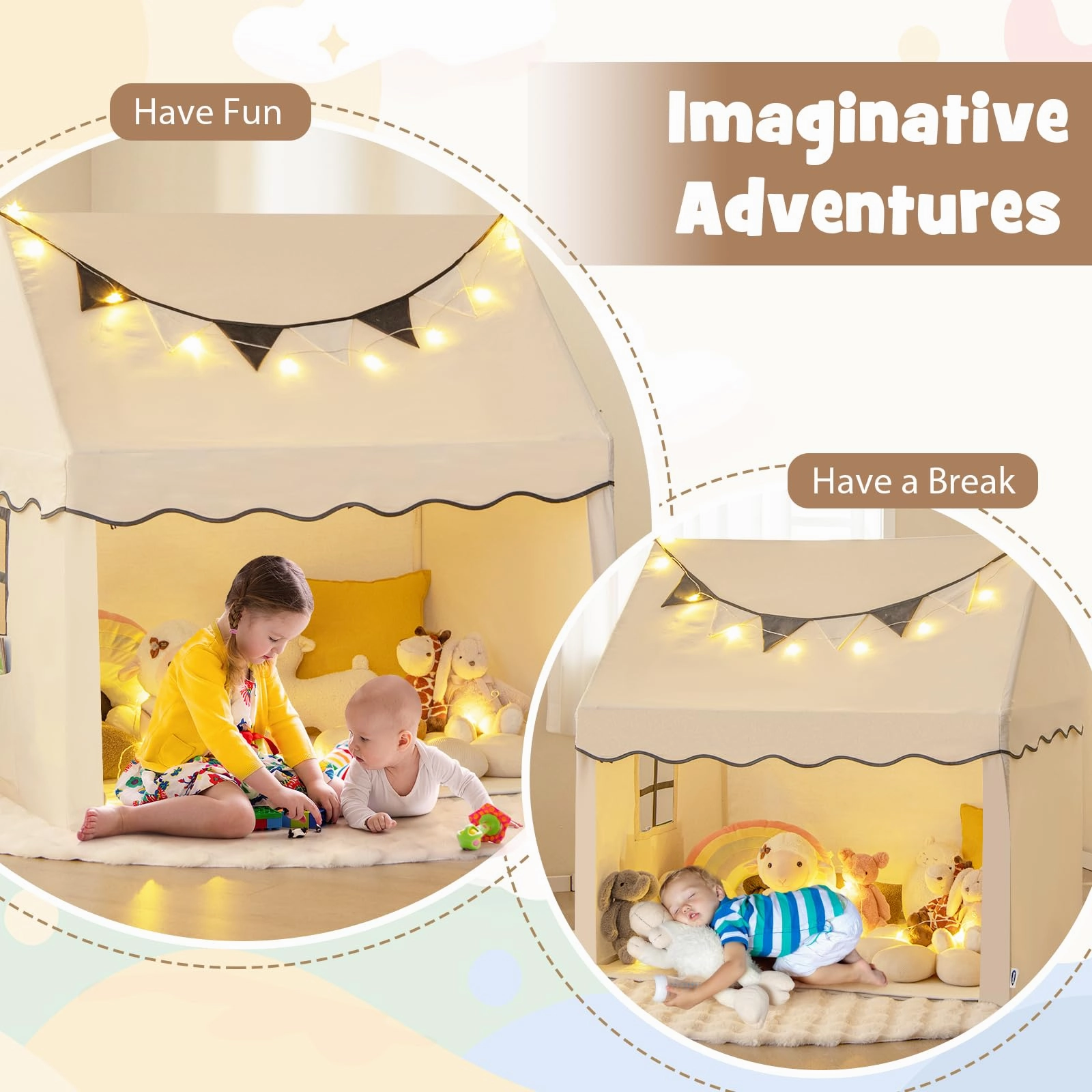 INFANS Kids Play Tent with Washable Mat Star Light Windows, Anti-Trip Large Playhouse Toys, Indoor Outdoor Princess Tents Castle