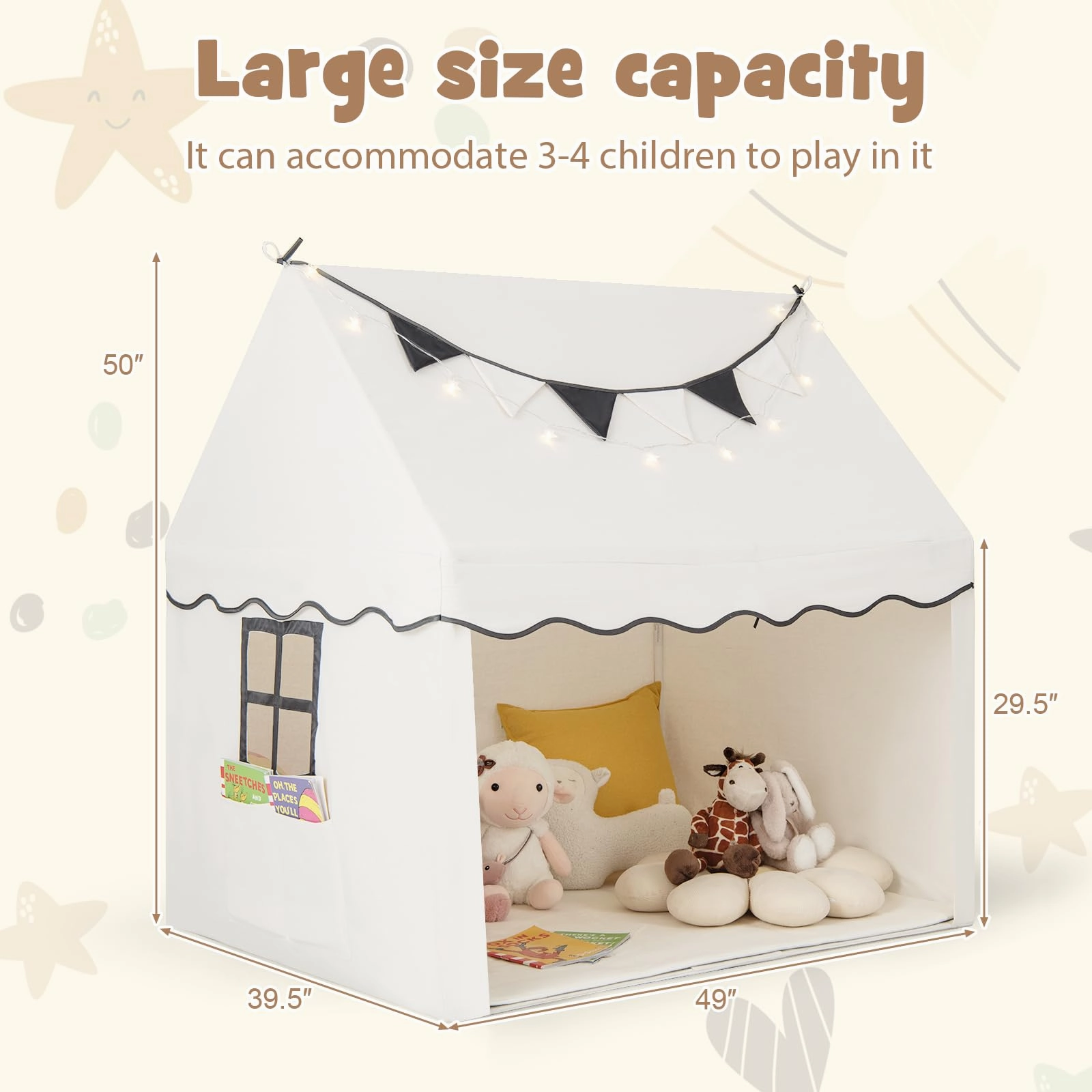 INFANS Kids Play Tent with Washable Mat Star Light Windows, Anti-Trip Large Playhouse Toys, Indoor Outdoor Princess Tents Castle