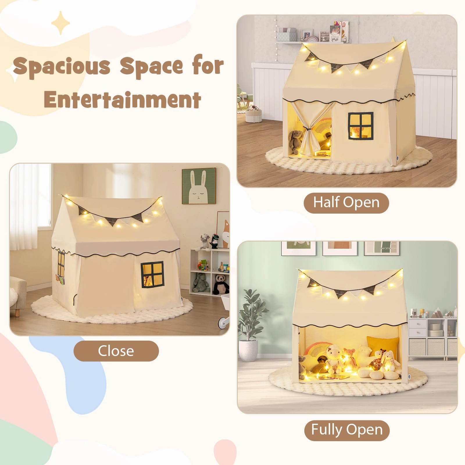 INFANS Kids Play Tent with Washable Mat Star Light Windows, Anti-Trip Large Playhouse Toys, Indoor Outdoor Princess Tents Castle