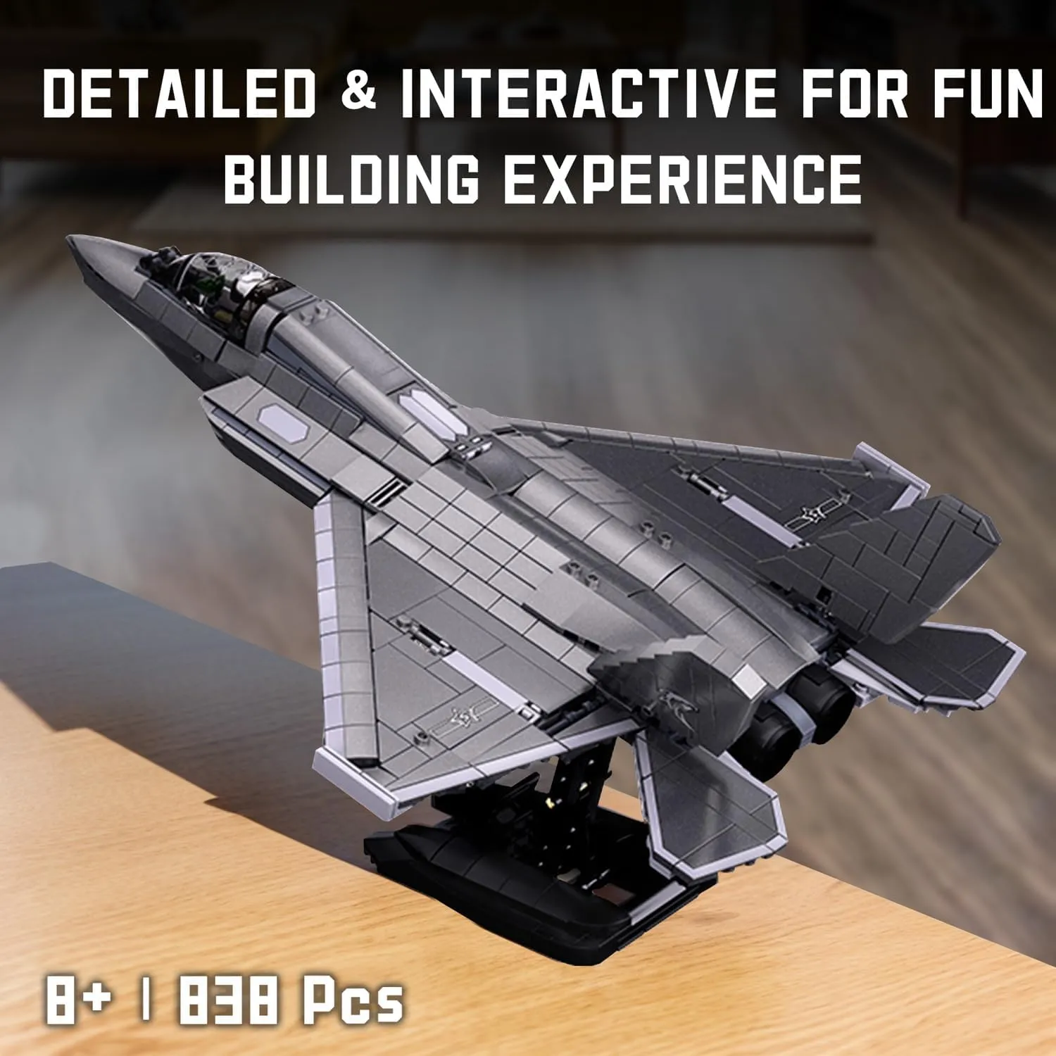 J-35 Fighter Aircraft Building Kit - 1:44 Scale, 838 PCS Military Army Toy Set with 1 Toy Soldier & Display Stand - Ideal Gift for Teens & Adults