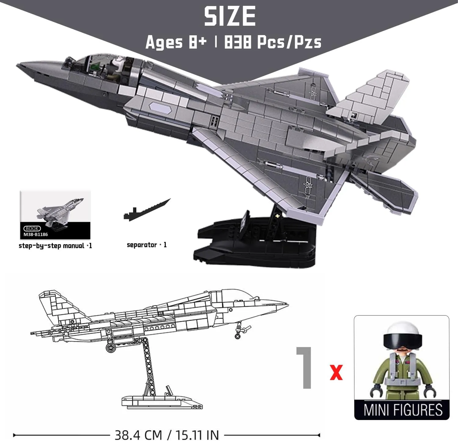 J-35 Fighter Aircraft Building Kit - 1:44 Scale, 838 PCS Military Army Toy Set with 1 Toy Soldier & Display Stand - Ideal Gift for Teens & Adults