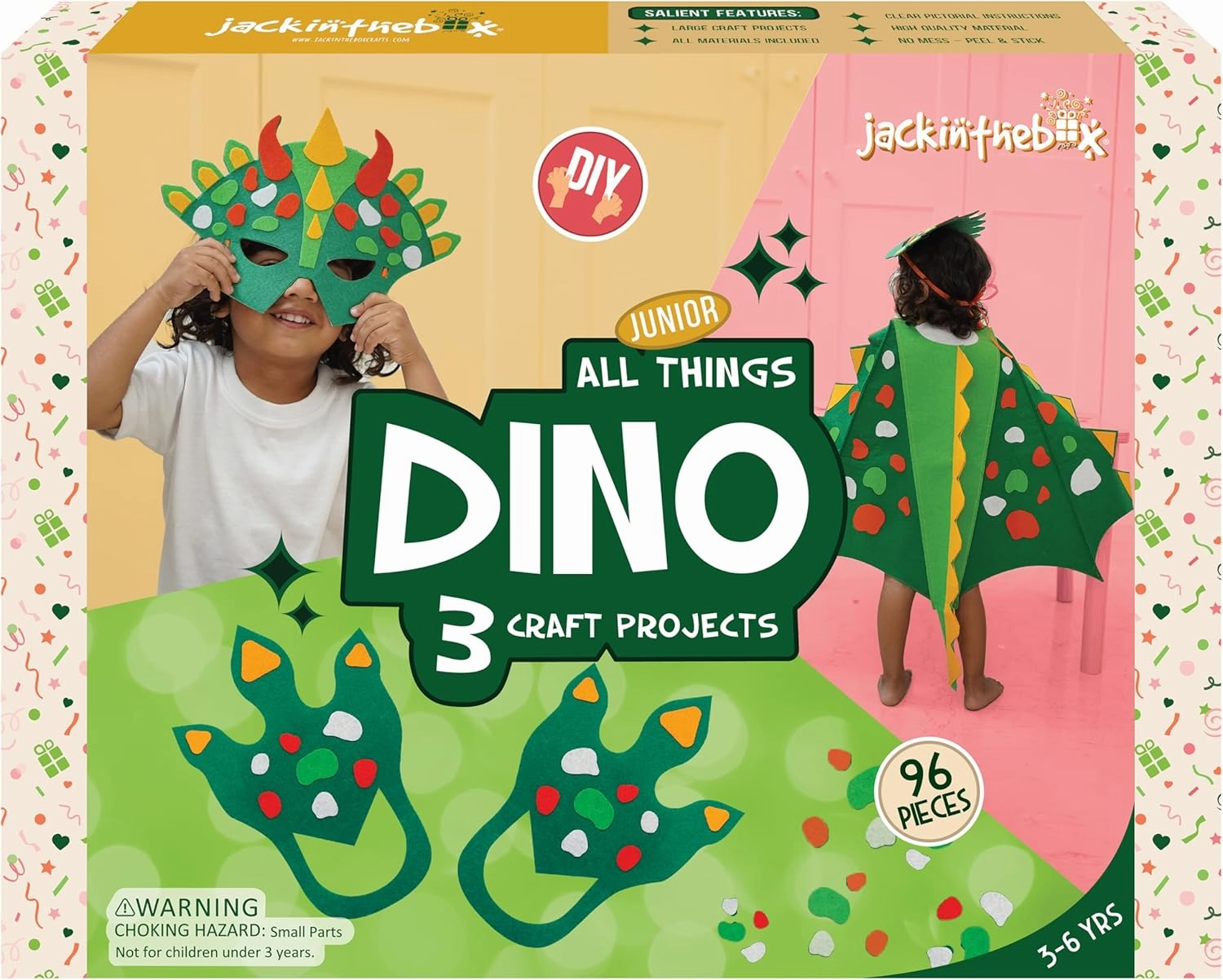 jackinthebox Dinosaur Toys for Kids 3-5, 3-in-1 Dino Dress-Up Kit, Arts and Crafts for Boys and Girls, Dinosaur Costume, Great Gift for Kids Ages 3 4 5, No Mess Craft Kit for Kids, DIY Activity..