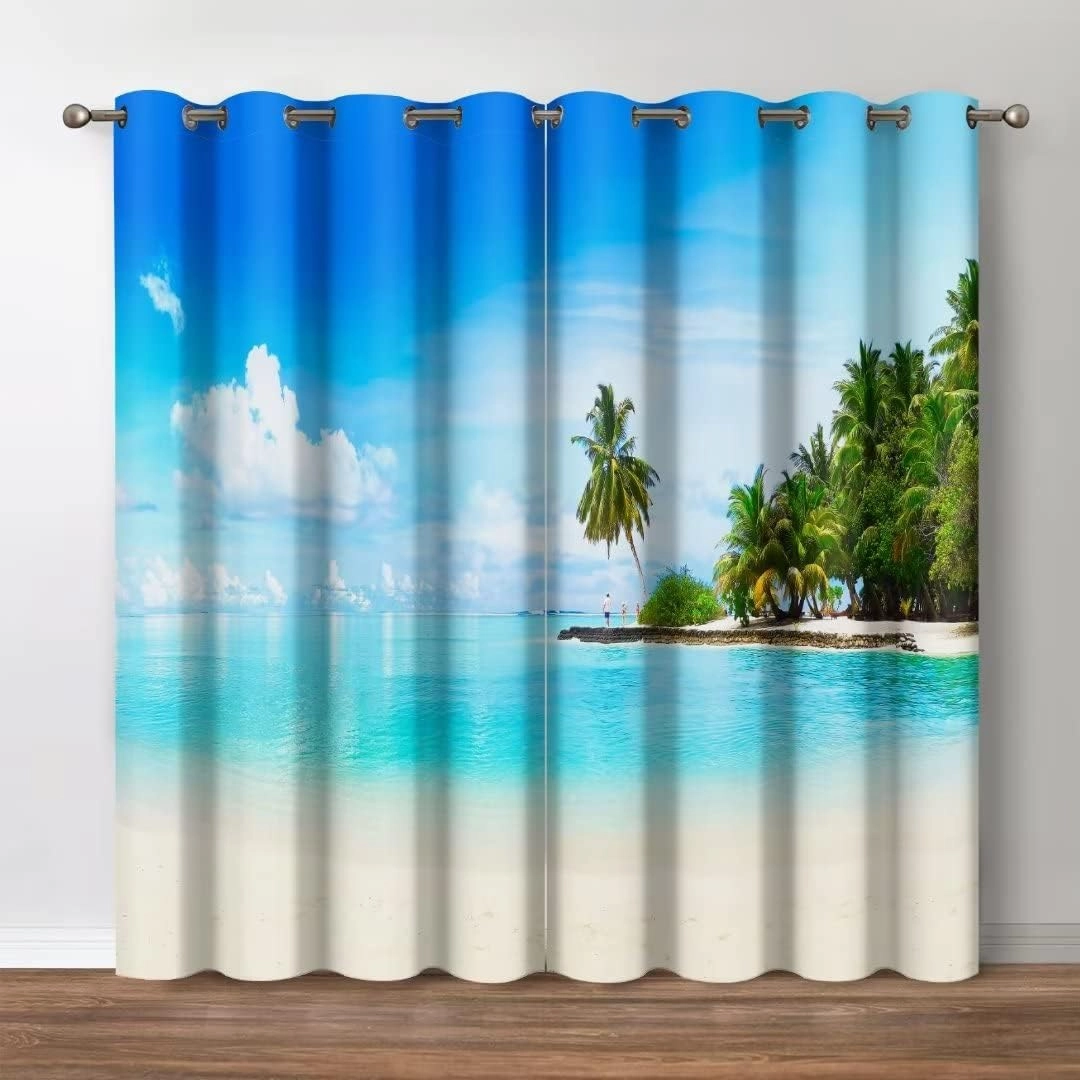 Jekeno Ocean Beach Blackout Curtains - Blue Sky Sea Tropical Decor, Summer Hawaii Palm Tree Theme Grommet Window Drapes for Bedroom Living Room, 52 Wide 84 Long inches, 2 Panel Set