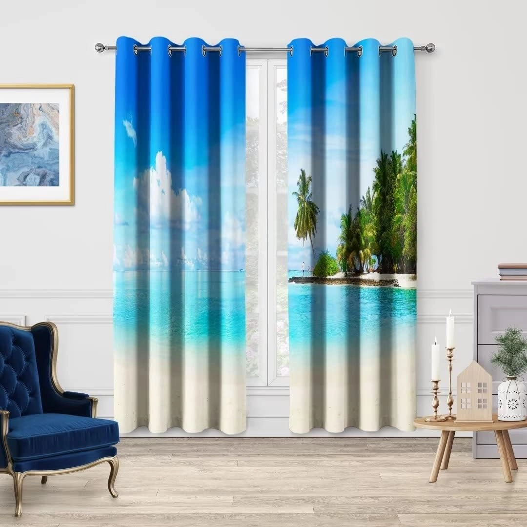 Jekeno Ocean Beach Blackout Curtains - Blue Sky Sea Tropical Decor, Summer Hawaii Palm Tree Theme Grommet Window Drapes for Bedroom Living Room, 52 Wide 84 Long inches, 2 Panel Set