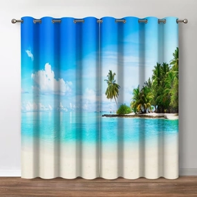 Jekeno Ocean Beach Blackout Curtains - Blue Sky Sea Tropical Decor, Summer Hawaii Palm Tree Theme Grommet Window Drapes for Bedroom Living Room, 52 Wide 84 Long inches, 2 Panel Set