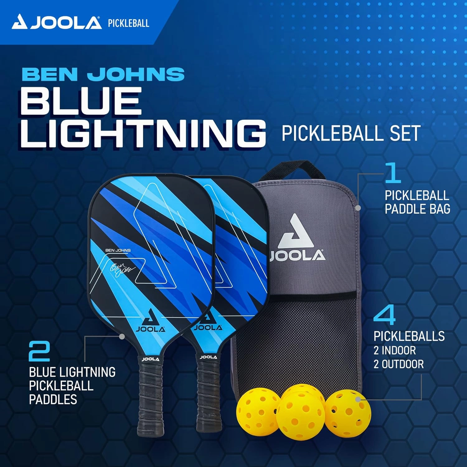 JOOLA Pickleball Paddles Set of 2 or Single Option – Multiple Colors - Reinforced Fiberglass Surface – Lightweight, Durable, Beginner-Friendly Racket Design – Set Includes Balls & Bag – USAP Approved