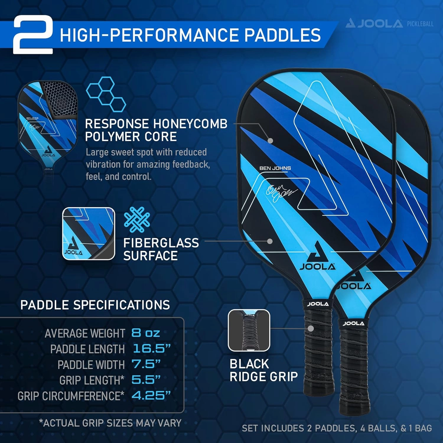 JOOLA Pickleball Paddles Set of 2 or Single Option – Multiple Colors - Reinforced Fiberglass Surface – Lightweight, Durable, Beginner-Friendly Racket Design – Set Includes Balls & Bag – USAP Approved