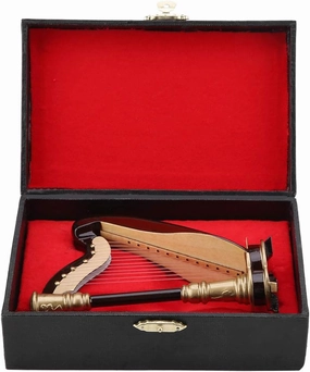 Joyzan Miniature Harp Model, Wooden Musical Instrument Figurine Mini Retro Dollhouse Harp Antique Replica Statue Table Ornament Party Decoration with Storage Box for Home Office Decor