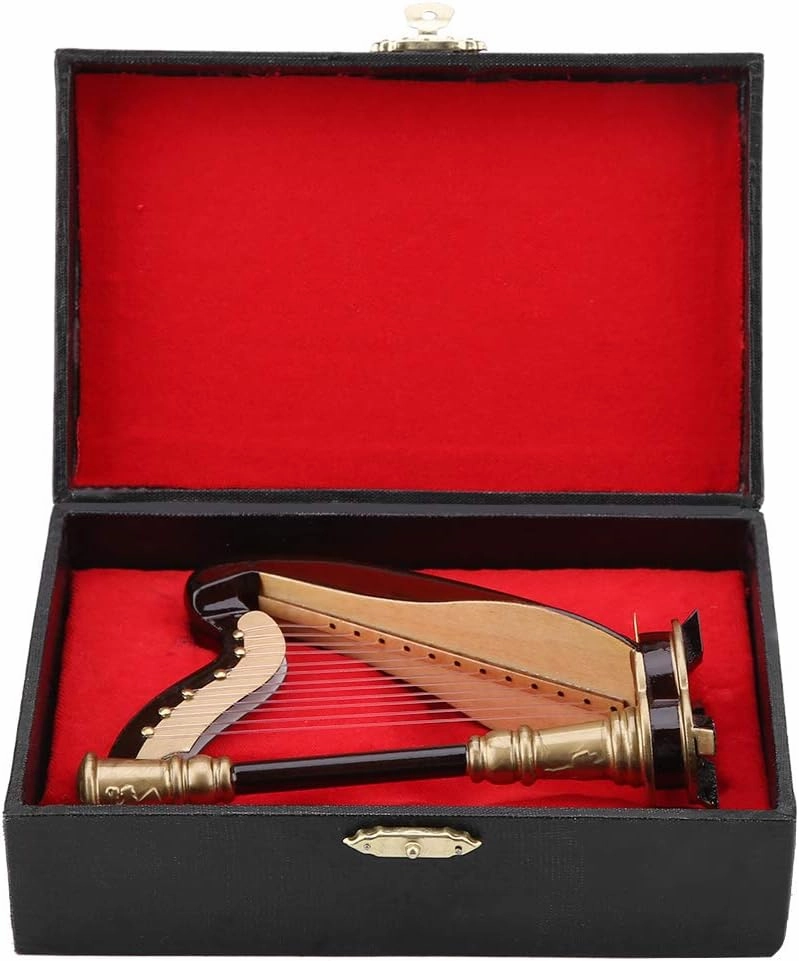 Joyzan Miniature Harp Model, Wooden Musical Instrument Figurine Mini Retro Dollhouse Harp Antique Replica Statue Table Ornament Party Decoration with Storage Box for Home Office Decor