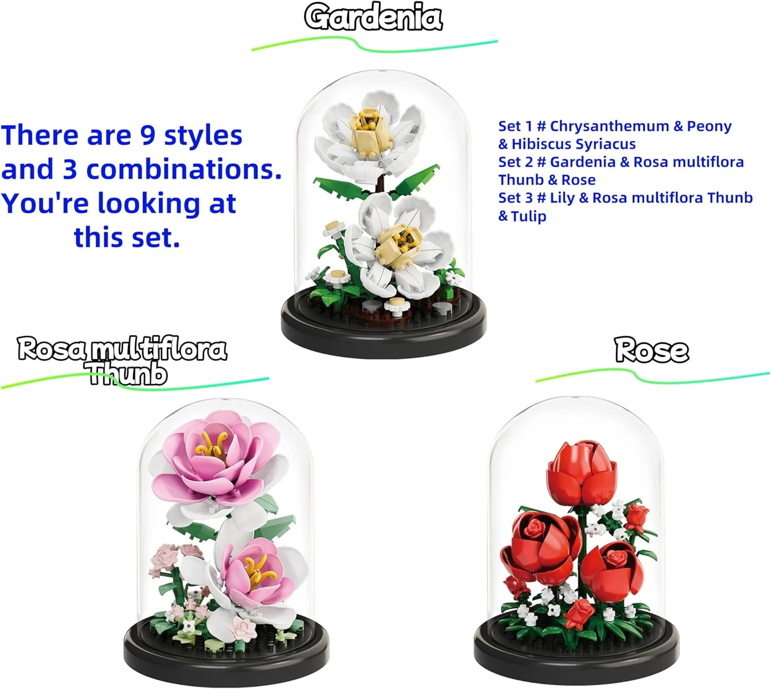 Kadablk Mini Brick Flower Building Kit with Display Cover- 500PCS Micro Bricks for Realistic Artificial Flowers, Gardenia,Rosa multiflora Thunb and Rose,Perfect for Home Decor and Gifts