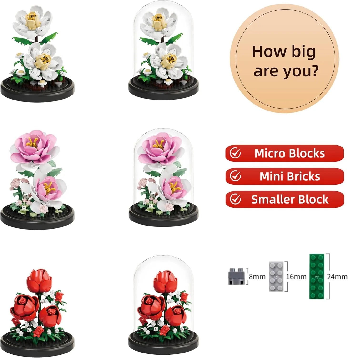 Kadablk Mini Brick Flower Building Kit with Display Cover- 500PCS Micro Bricks for Realistic Artificial Flowers, Gardenia,Rosa multiflora Thunb and Rose,Perfect for Home Decor and Gifts