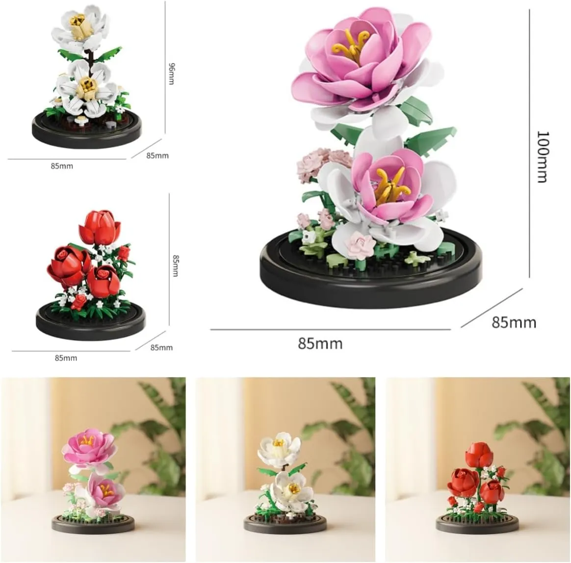 Kadablk Mini Brick Flower Building Kit with Display Cover- 500PCS Micro Bricks for Realistic Artificial Flowers, Gardenia,Rosa multiflora Thunb and Rose,Perfect for Home Decor and Gifts