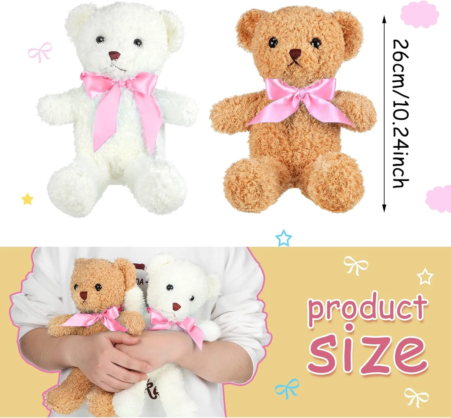 Kathfly 12 Pcs Mini Stuffed Bears Bulk 10 Inch Soft Small Plush Bears Bulk Cute Animal with Ribbon Bow Toy Gift for Birthday Wedding Party Brown White(Pink)