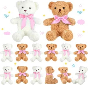 Kathfly 12 Pcs Mini Stuffed Bears Bulk 10 Inch Soft Small Plush Bears Bulk Cute Animal with Ribbon Bow Toy Gift for Birthday Wedding Party Brown White(Pink)