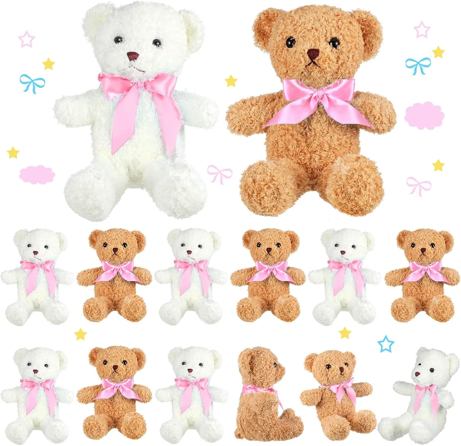 Kathfly 12 Pcs Mini Stuffed Bears Bulk 10 Inch Soft Small Plush Bears Bulk Cute Animal with Ribbon Bow Toy Gift for Birthday Wedding Party Brown White(Pink)