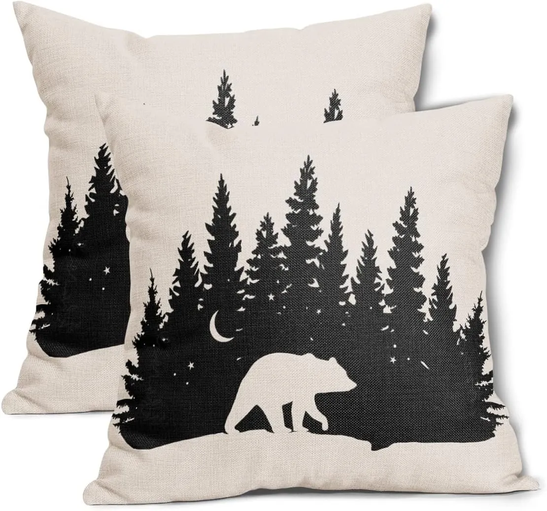 Kawani Bear Black Pillow Covers 18X18 in Cabin Rustic Bear Crossing Forest Decorative Couch Pillow Cases with Zipper Set of 2 Home Decor for Living Room Bedroom Bed Cushion Outdoor