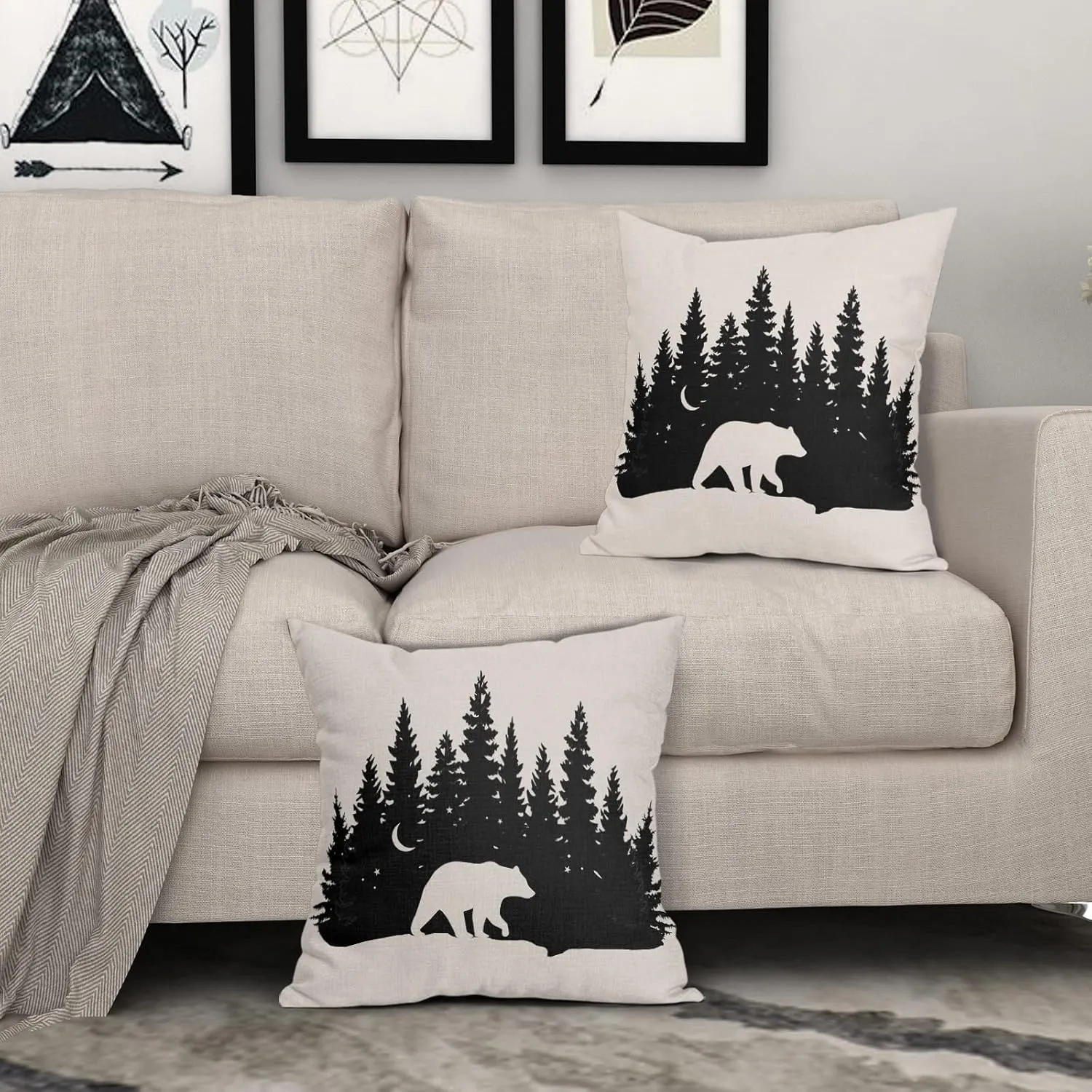 Kawani Bear Black Pillow Covers 18X18 in Cabin Rustic Bear Crossing Forest Decorative Couch Pillow Cases with Zipper Set of 2 Home Decor for Living Room Bedroom Bed Cushion Outdoor