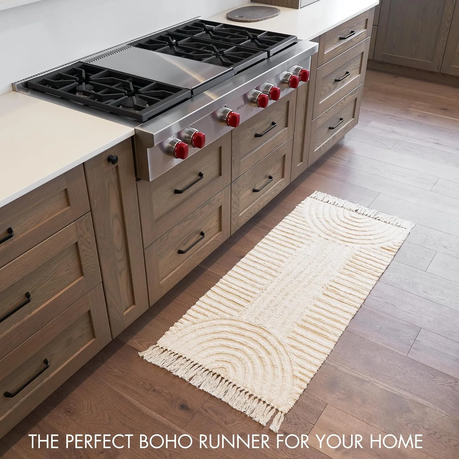 KIBAGA Boho Bathroom Rug with Tassels - Soft, Washable, Non-Slip Cotton Mat - Perfect 2x4.3 ft. Size to Enhance Modern Home Decor