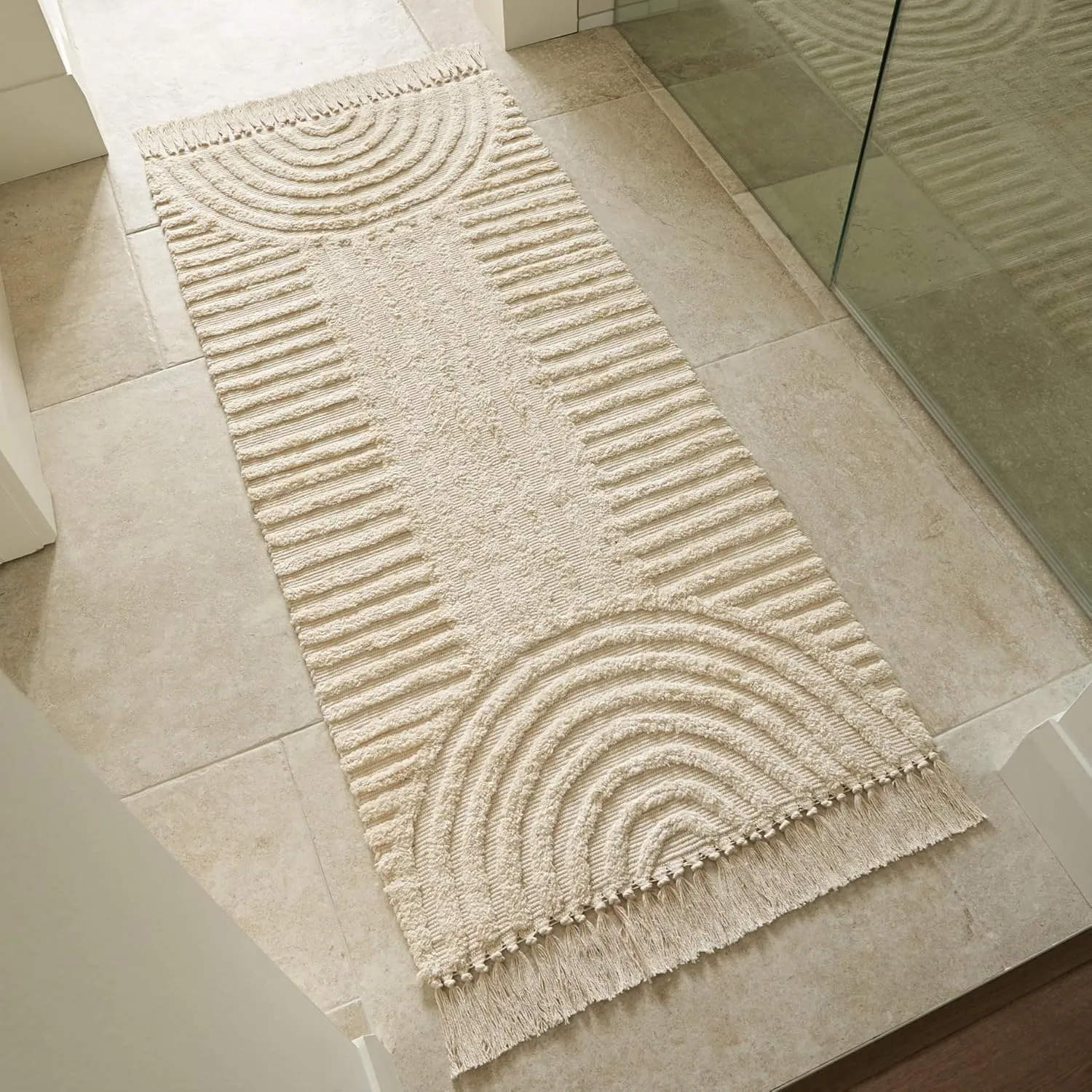 KIBAGA Boho Bathroom Rug with Tassels - Soft, Washable, Non-Slip Cotton Mat - Perfect 2x4.3 ft. Size to Enhance Modern Home Decor
