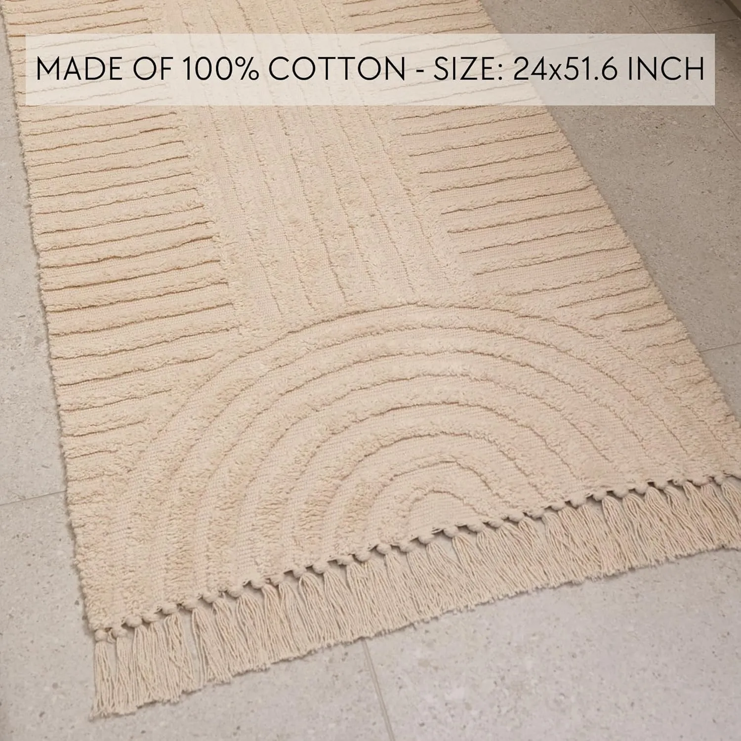 KIBAGA Boho Bathroom Rug with Tassels - Soft, Washable, Non-Slip Cotton Mat - Perfect 2x4.3 ft. Size to Enhance Modern Home Decor