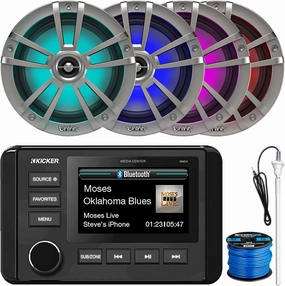 Kicker 51KMC4 3" LCD Marine Bluetooth Weather-Resistant Gauge-Style AM/FM WB/USB/AUX Media Center Receiver, 4x 6.5" 225W Max Power Waterproof Coaxial Titanium Boat RGB LED Speakers, Antenna, Wire