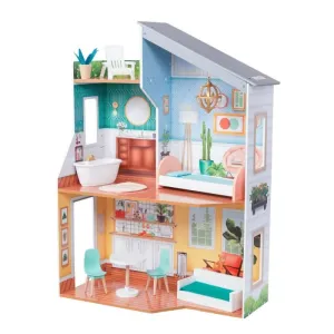 KID KRAFT Emily Dollhouse: The angular roofline over the bedroom with a fancy metallic chandelier perfect for a glam retreat for 12" dolls - 65988