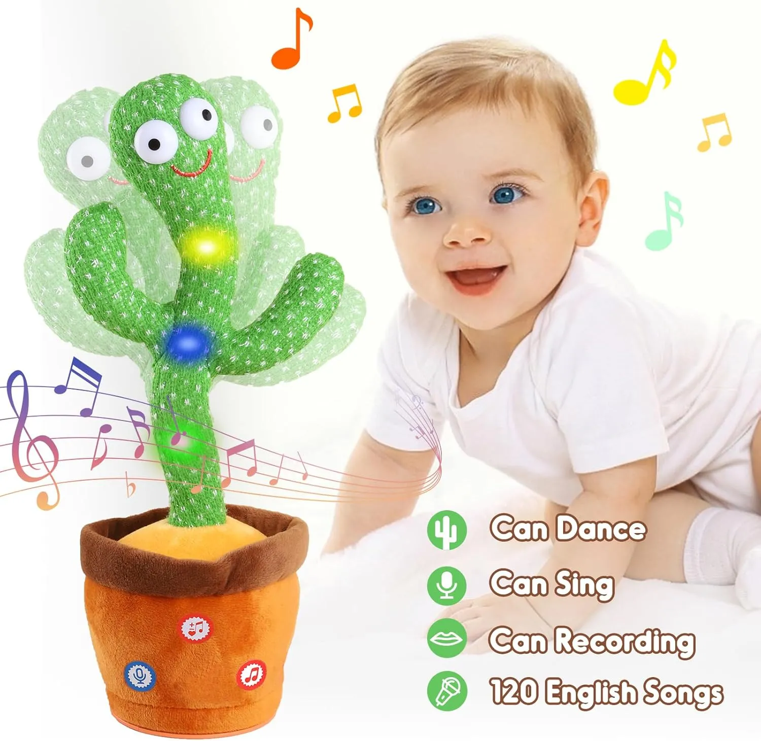 Kids Adjust Volume Dancing Talking Cactus Toys for Baby Boys and Girls, Singing Record Repeating What You Say Sunny Cactus Electronic Light Up Plush Toy with 120 English Songs for Home Decor