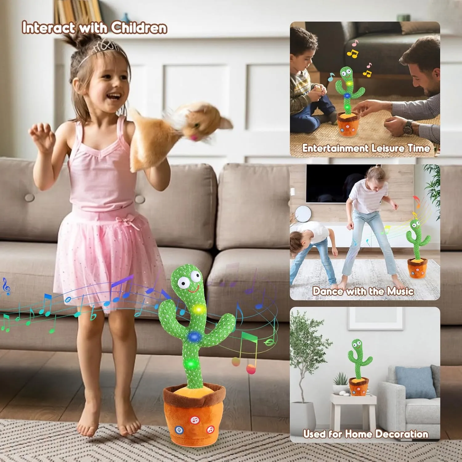 Kids Adjust Volume Dancing Talking Cactus Toys for Baby Boys and Girls, Singing Record Repeating What You Say Sunny Cactus Electronic Light Up Plush Toy with 120 English Songs for Home Decor
