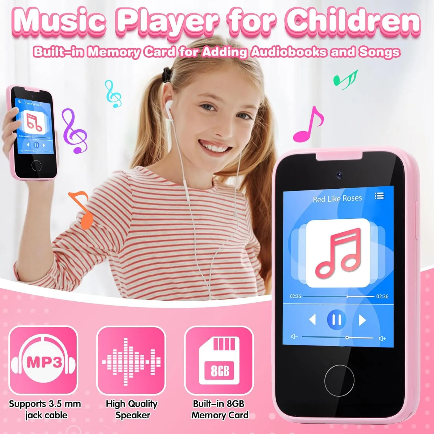 Kids Phone Toys for 3-6 Year Olds Girls, Touchscreen Kids Cell Phone with Dual Camera, MP3 Music Player, Games, Habit Tracker Toddler Phone Learning Toy Birthday Gifts for Girls Age 3 4 5 6 7 8