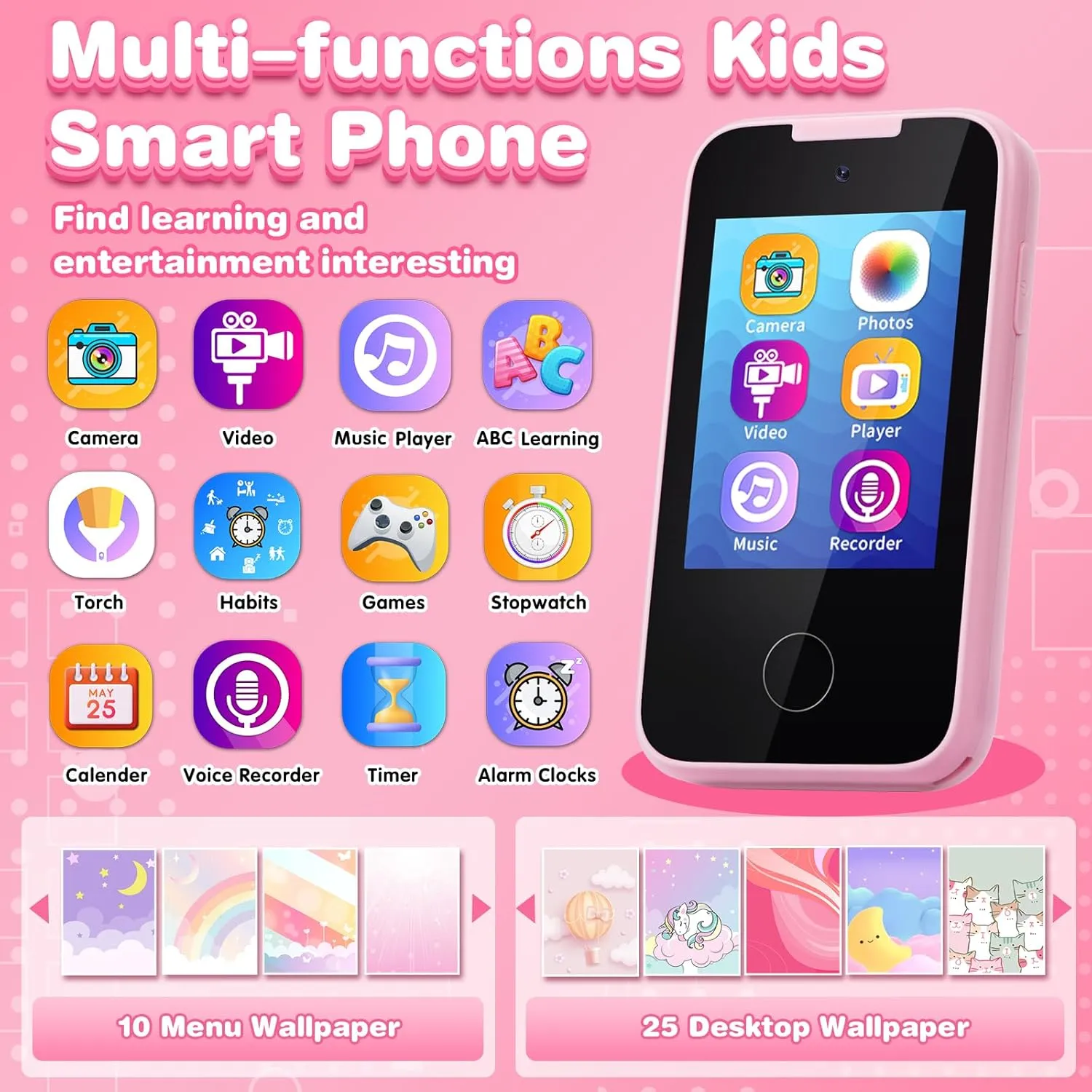 Kids Phone Toys for 3-6 Year Olds Girls, Touchscreen Kids Cell Phone with Dual Camera, MP3 Music Player, Games, Habit Tracker Toddler Phone Learning Toy Birthday Gifts for Girls Age 3 4 5 6 7 8