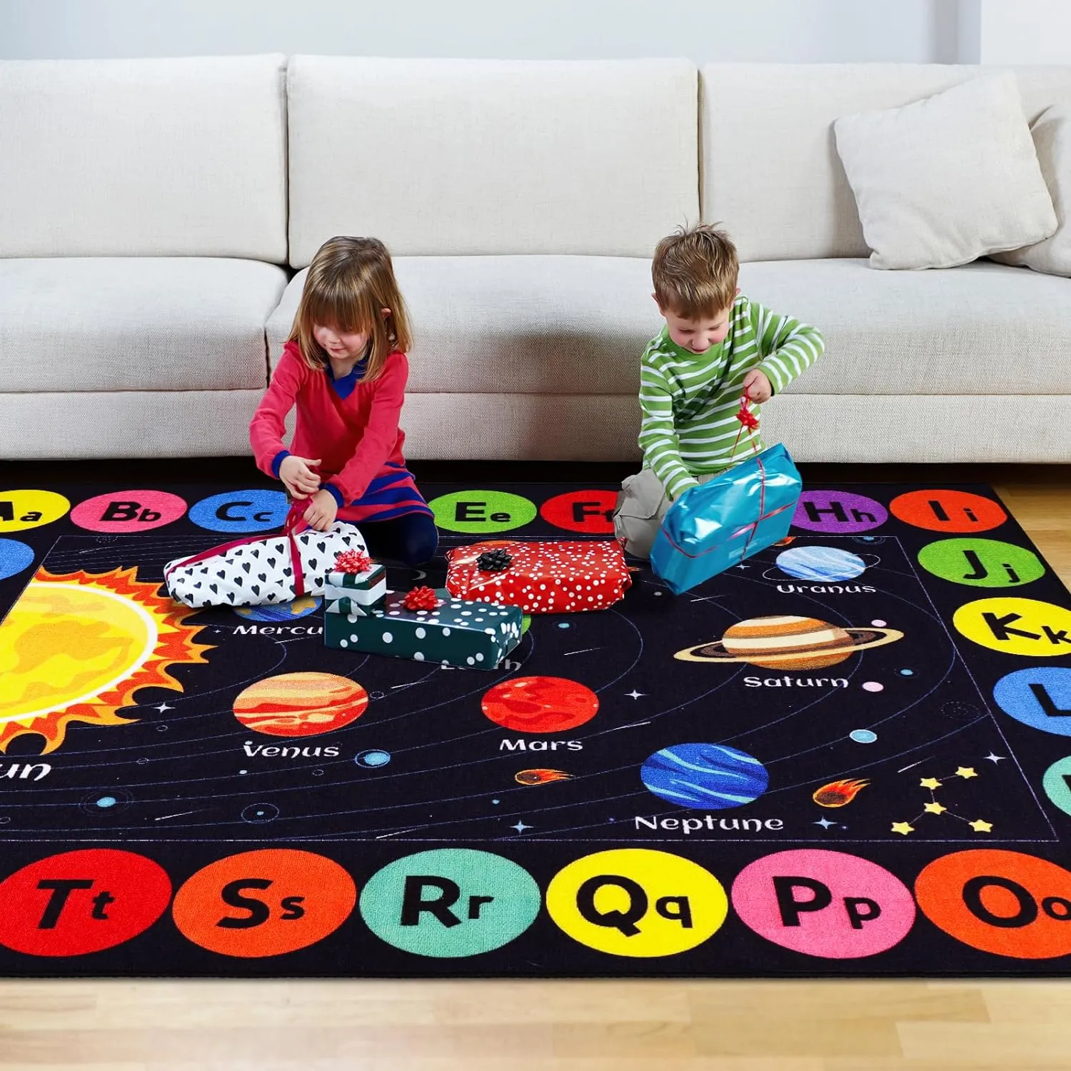 Kids Rug Outer Space Carpet for Playroom, ABC Educational Learning Area Rug, Non-Slip Solar System Road Play Play Rug for Kids Bedrooms, Classroom, Nursery Room Decor (Black, 78.7X59 INCH)